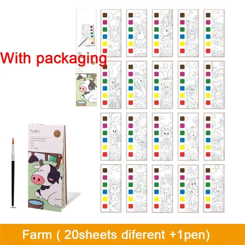 Portable Children Watercolor Painting Book 20 Sheets Gouache Graffiti Picture 1 Pen Coloring Water Drawing Books Set Kids Toy