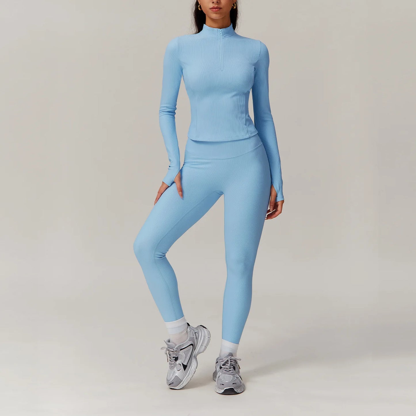 White 2PCS Women Yoga Set Workout Tracksuits Sportswear Gym Clothing Fitness Long Sleeve Jacket Waist Leggings Sports Suit