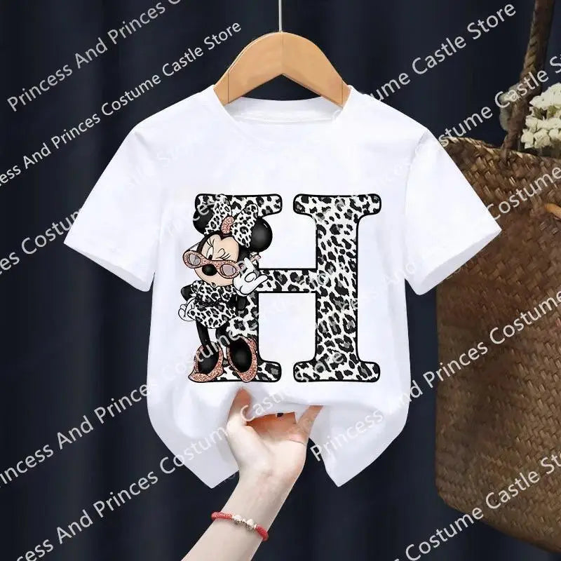 Minnie Letter A B C D Children T-shirt Kawaii Disney Clothes for Girls T Shirt Anime Cartoons Casual Kid Boy Short Sleeve Tops