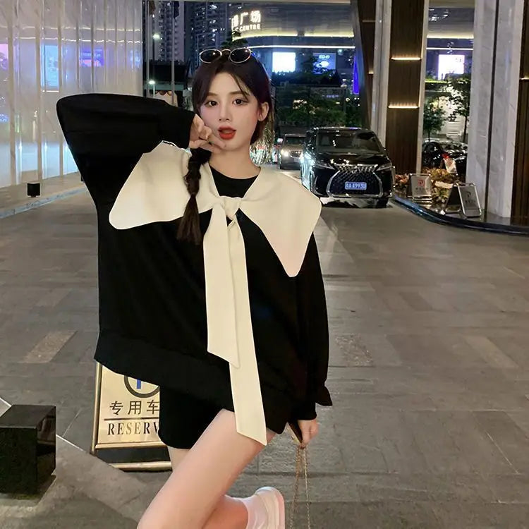 Bow Doll Collar Sweatshirt for Women New Style Loose Sweet Hoodless Petite Fashionable Age-reducing Top clothes