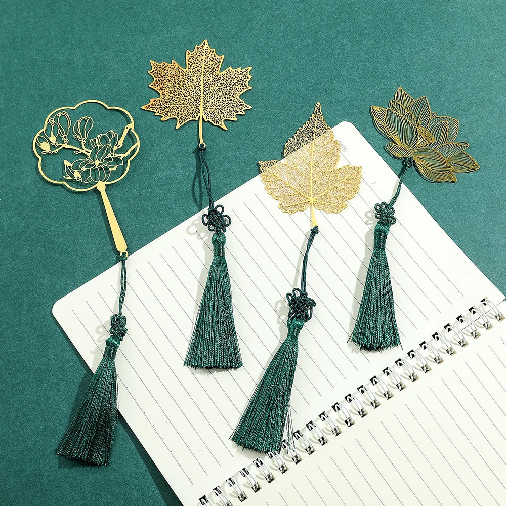 Golden Sycamore Leaves Tassels Hollow Out Bookmark Stainless Steel Page Marker Supplies Stationery Bookmark for Teachers Student