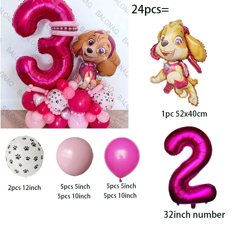 24pcs Pink PAW Patrol Skye Party Balloons Skye Number Foil Balloon Set Baby Shower Girls Birthday Party Decoration Kids Toy Gift