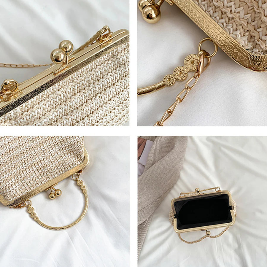 Summer Beach Straw Bags Exquisite Gold Chains Party Banquet Purse Hand Woven Handbag Female Clutch Purses Shoulder Crossbody Bag