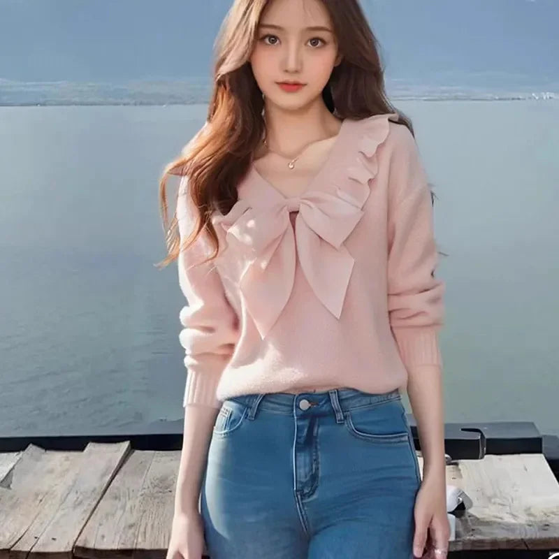 Spring Autumn Pink Sweater 2025 New V-Neck Loose Women's Clothes Pullover Top Fashion Falbala Bowknot Female Knitwear Blouse