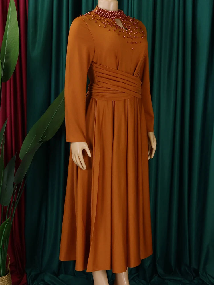 FairyShely 2025 Solid Long Sleeve Plus Size Long Dress Women Hollow Large Big Dresses Lady Cross Push Up Party Tight Curvy Dress