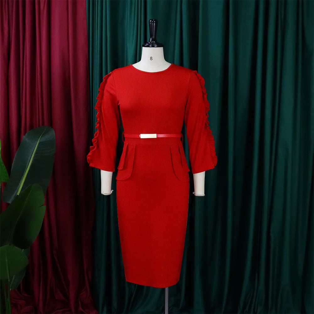 FairyShely 2025 Solid Ruffle Long Sleeve Plus Size Dress Women O Neck Large Big Dresses Lady Autumn Belt Party Tight Curvy Dress
