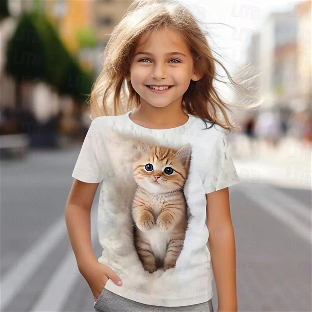 Kinderkleidung für Mädchen, T-Shirt mit 3D-Katzen-Print, kurzärmelig, Kinderkleidung, modische Kostüme für Mädchen, Top im Alter von 2 bis 12 Jahren 