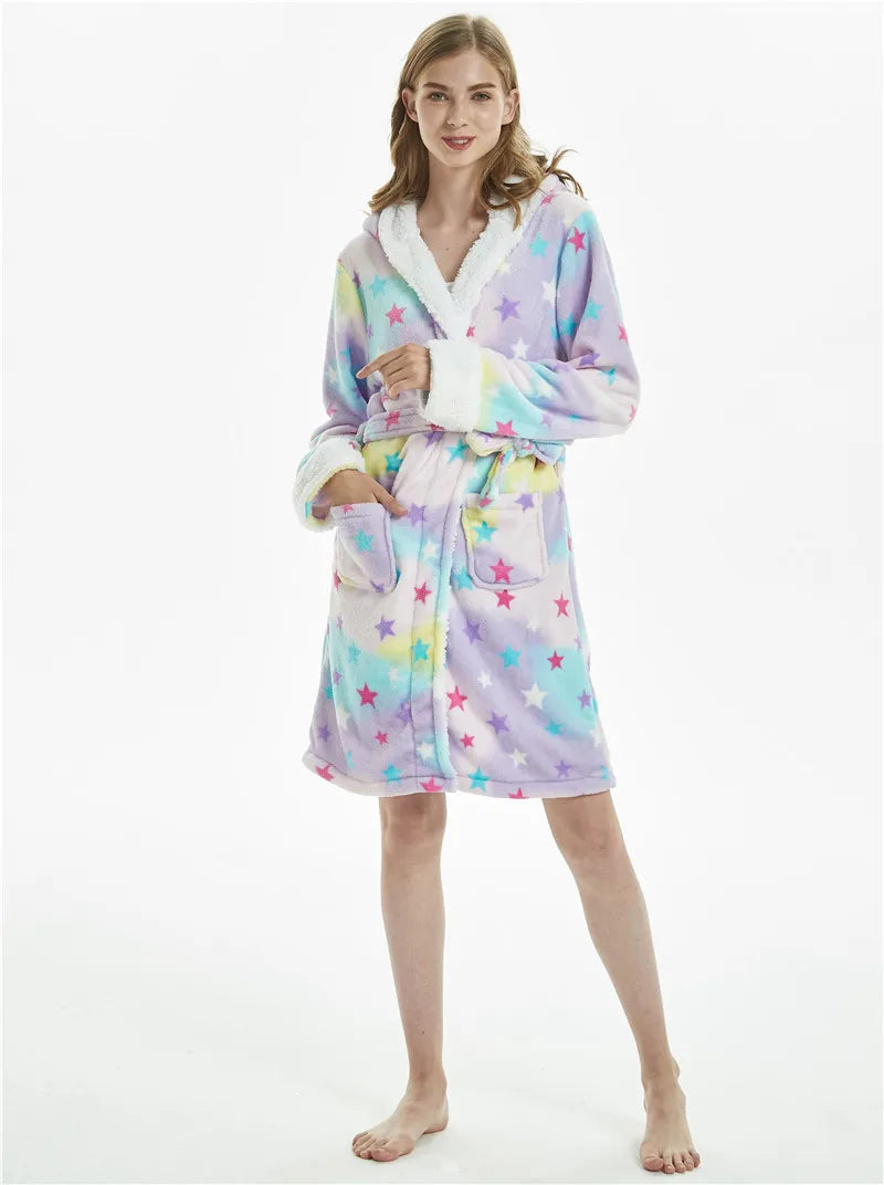 Flannel Bathrobe Starry Sky Rainbow Unicorn Sleepwear Pajamas For Adult Women Loungewear Halloween Costumes Oversized Nightgown