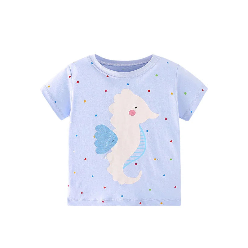 Jumping Meters 2-7T  Animals Embroidery Girls Tees Cotton Summer Toddler Clothes Kids Tops Short Sleeve Baby Children's Tshirts