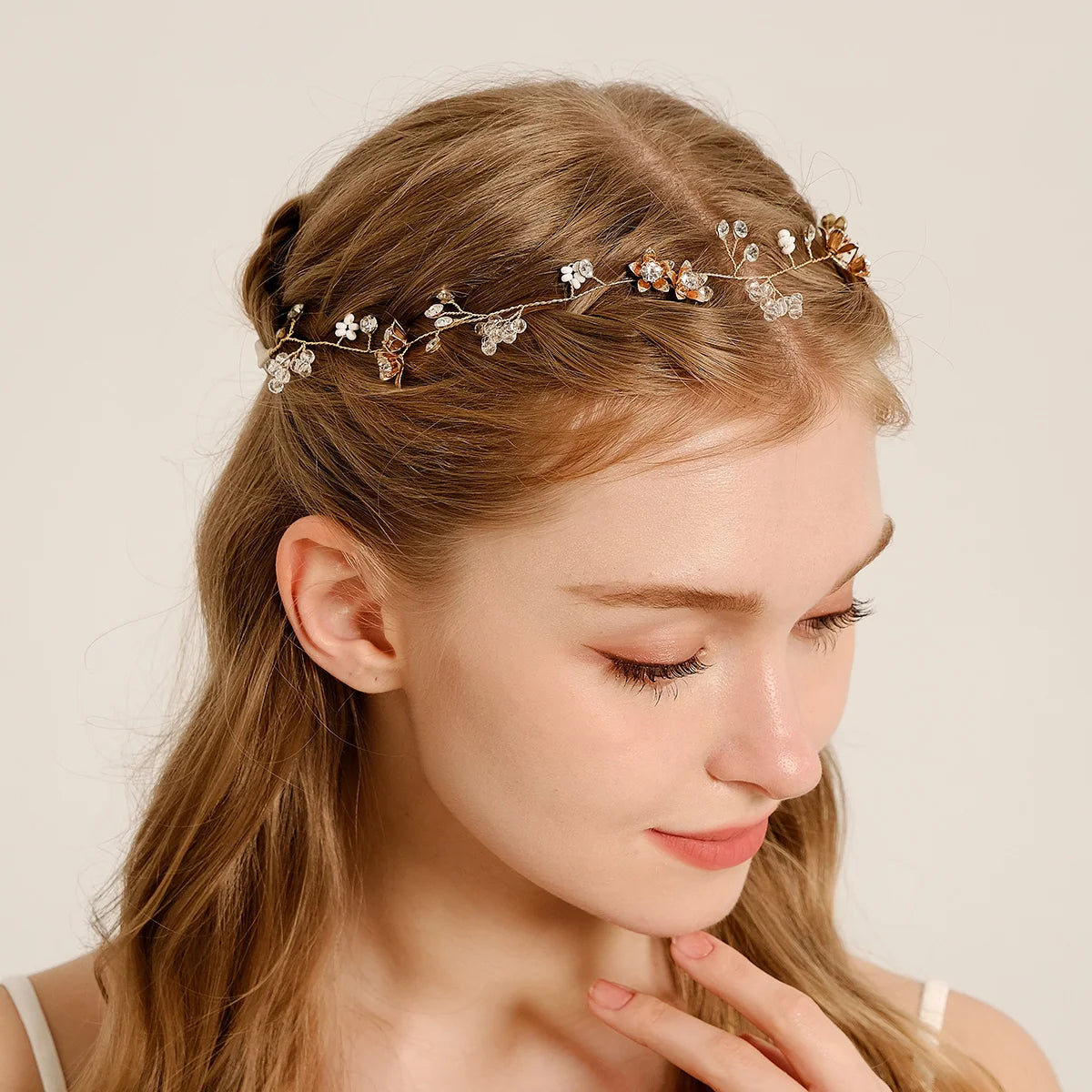 Efily Bride Wedding Hair Accessories Gorgeous Flower Headbands Braided Hair Vine Pearl Headpiece Hair Ornament For Women Girls