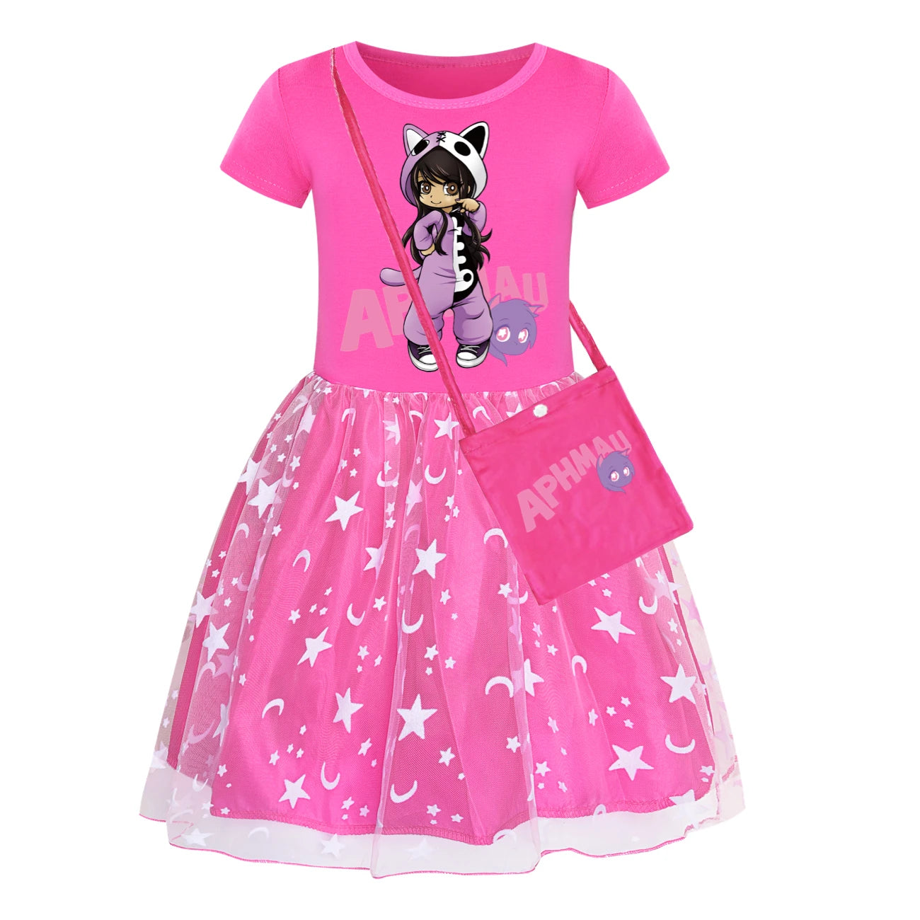 Anime Aphmau Dress Kids Cute Short Sleeve Clothes for Baby Girls Kawaii Casual Dresses&small Bag Children Summer Holiday Outfits