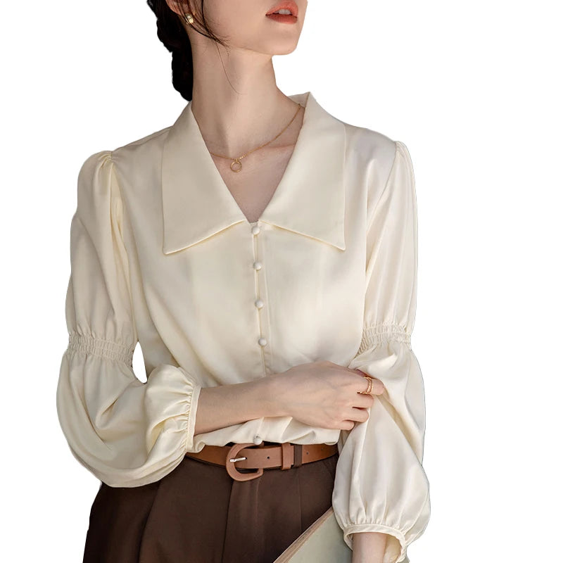 Elegant Lapel Lantern Sleeve Shirt Women's Clothing 2023 Autumn New Loose Casual Tops Loose Office Lady Blouse