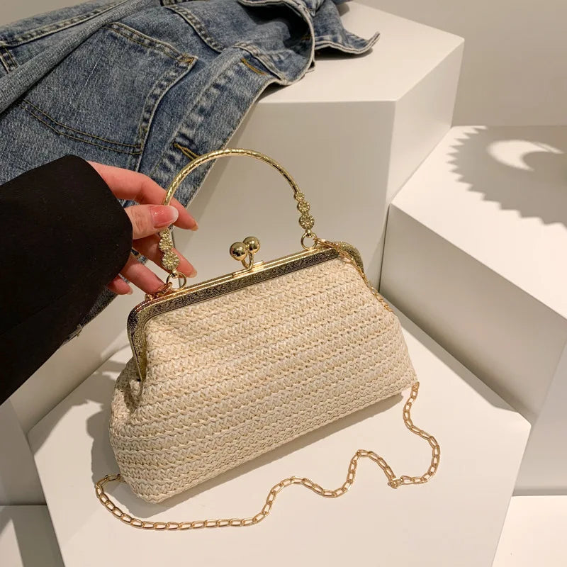 Summer Beach Straw Bags Exquisite Gold Chains Party Banquet Purse Hand Woven Handbag Female Clutch Purses Shoulder Crossbody Bag