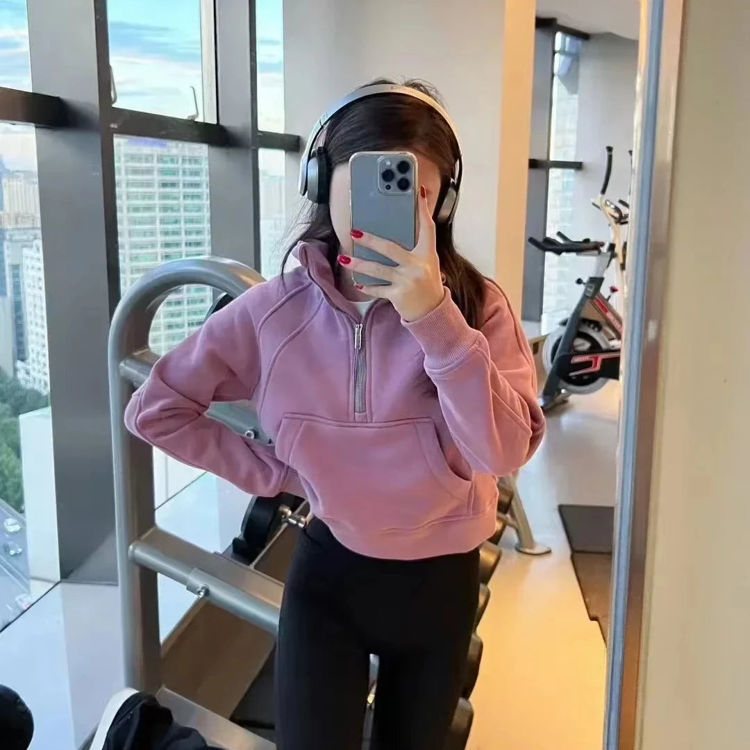 Lemon Women Sportswear Jacket Half Zip Long Sleeve Loose Warm Scuba Sweatshirts Gym Workout Clothes Sport and Leisure Yoga Coat