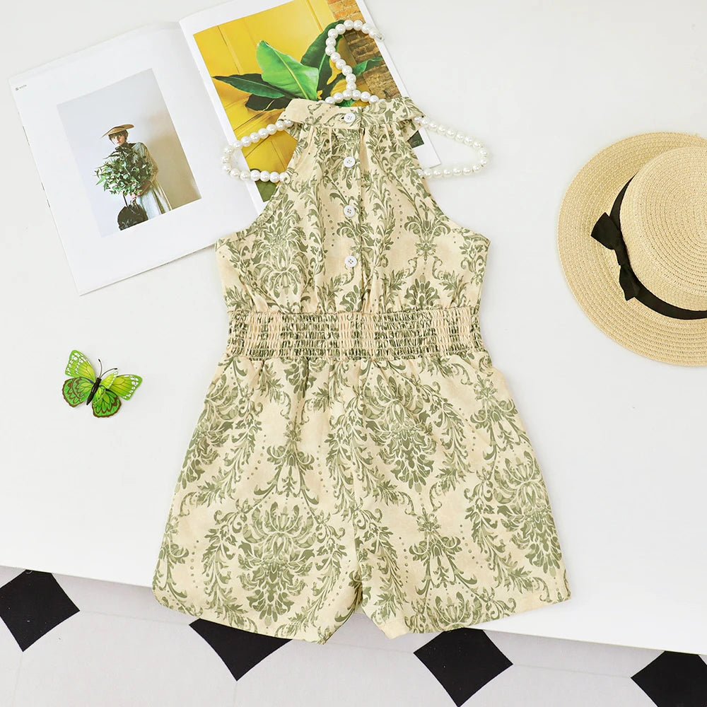 Bear Leader Summer Sleeveless Elastic Waist Girls Jumpsuits Printed Hanging Neck Rompers One Piece Sets Kids Fashion Clothes