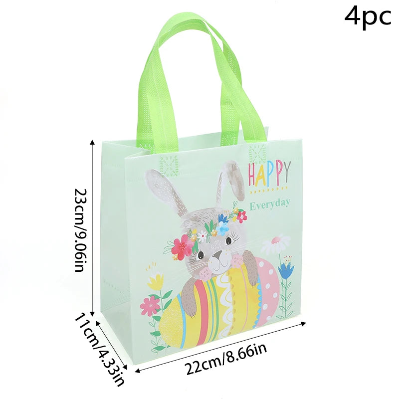 4pcs Easter Waterproof Non-woven Gift Bag Cartoon Egg Bunny Printed Candy Packaging Bag With Handles Happy Easter Party Supplies