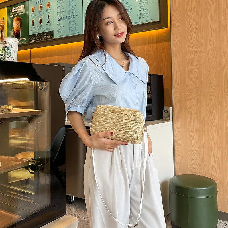 Solid Color Small Straw Crossbody Handbags for Women Lady Mama Shoulder Messenger Bags Bolsa Beach Clutch Purse