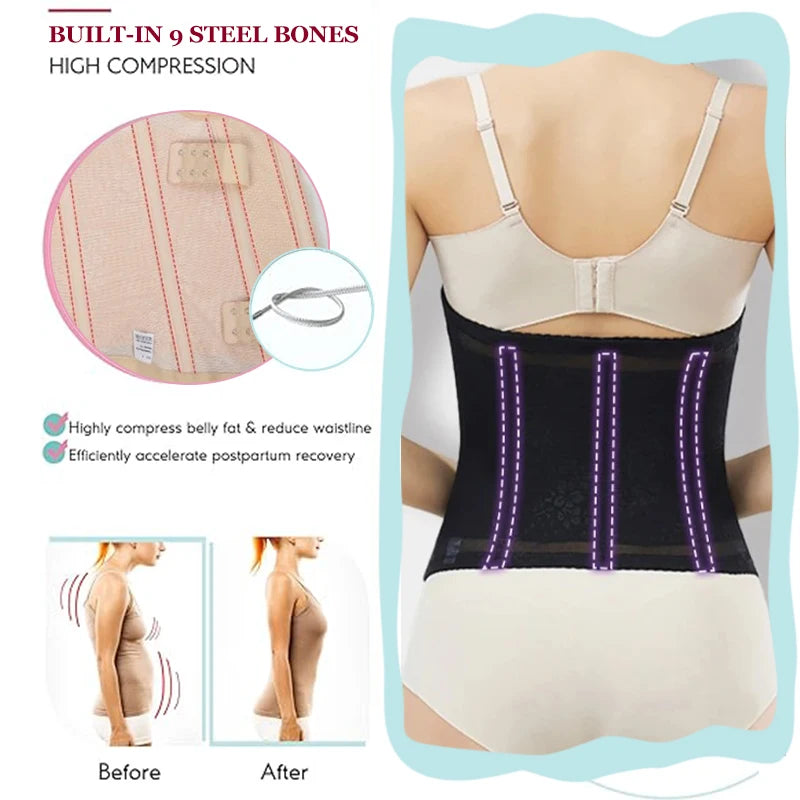 Dimmkof 9 Steel Bones Waist Trimmer Women's Tummy Control Double Buckle Shapewear Breathable Mesh Workout Hourglass Shape Girdle