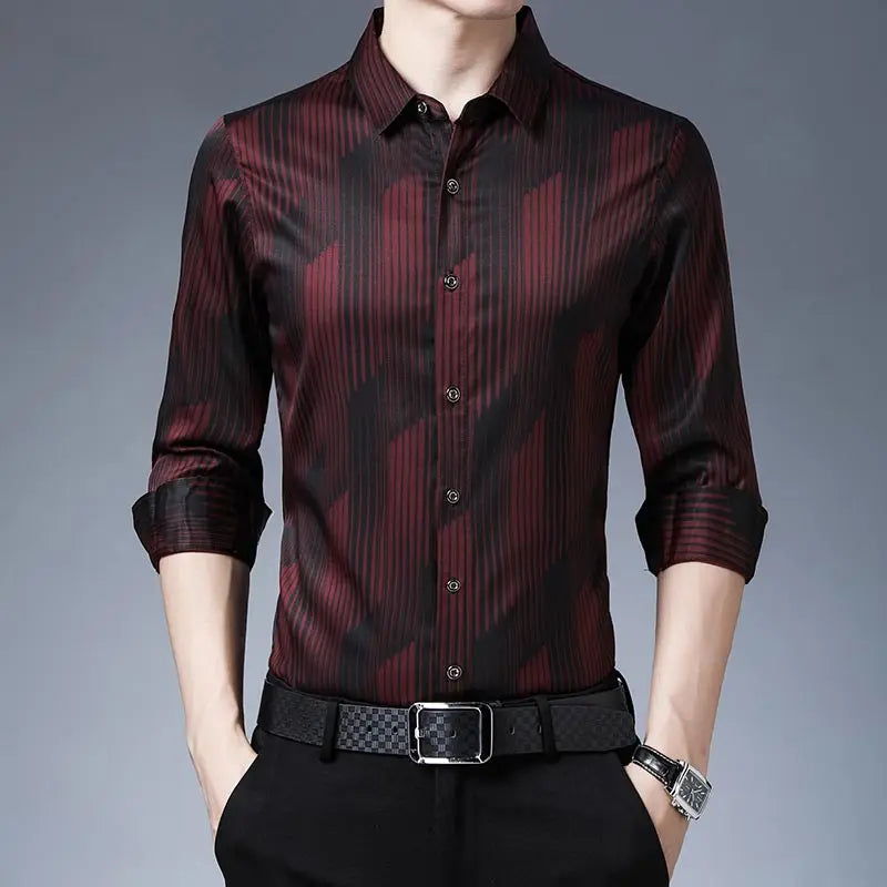 Long Sleeve Men Social Shirt Streetwear Casual Striped Shirts Mens Slim Regular Fit Clothes mon