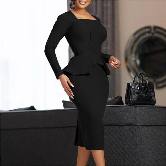 2025 SolidPeplum Ruffles Long Plus Size Dress Women Long Sleeve Large Big Dresses Spring Slim Fit Party Tight Curvy Dress