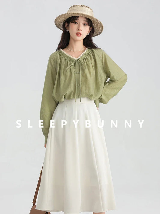 French Style V-Neck Long Sleeve Women Blouse Spring Casual Loose Fit Elegant Tops Petite Friendly Lightweight Versatile Shirt