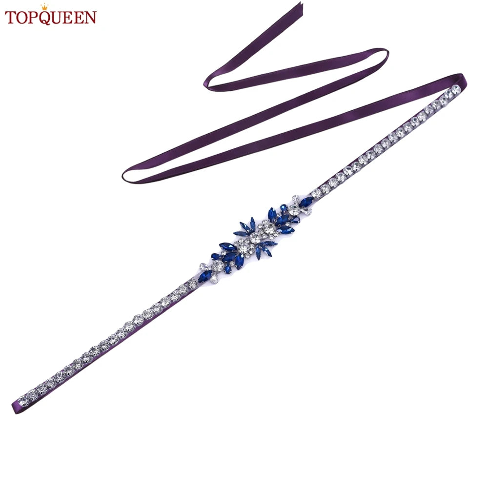 TOPQUEEN Blue Diamond Bridal Ribbon Belt Banquet Evening Dress Jewelry Sash Wedding Accessories Women Waist Decoration S166-ML