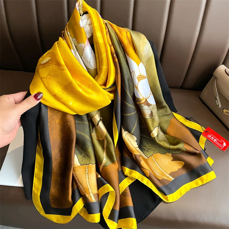 New 2025 180*88cm classic Silk Scarf Women Foulard Office lady Large Fashion Print Beach Hijab Shawl Warp Bandanna Muffler