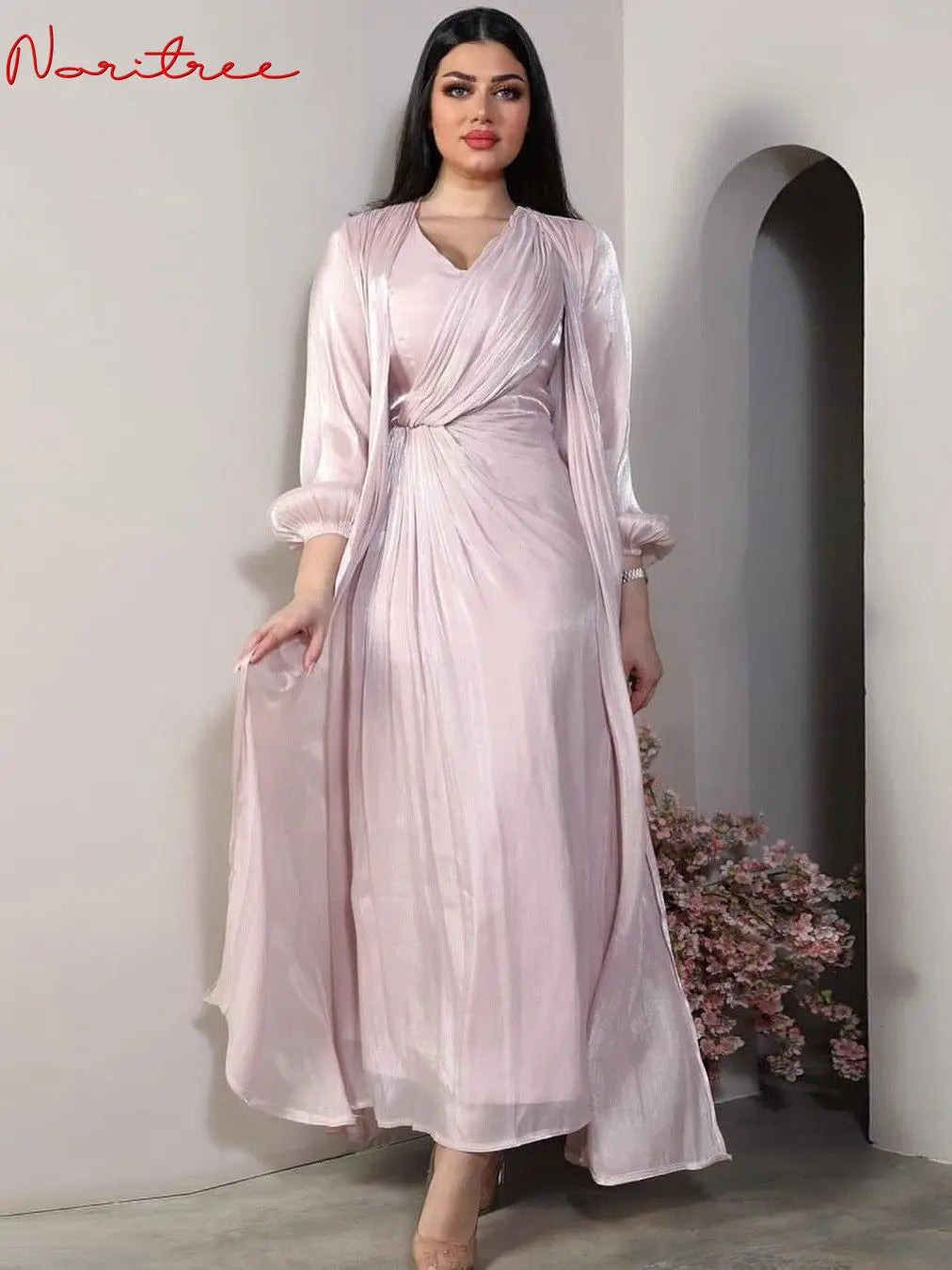 2 Pieces Shiny Djellaba Muslim Dress Sets Muslim Suits Elegant Long Islamic Women Modest Wear Clothing Sunscreen Sets WY1502