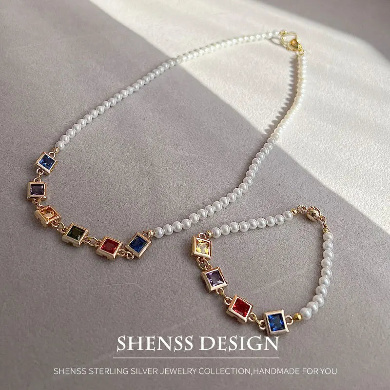 Imitation Pearl Square Zircon necklace Copper Plated 14k Gold Accessories