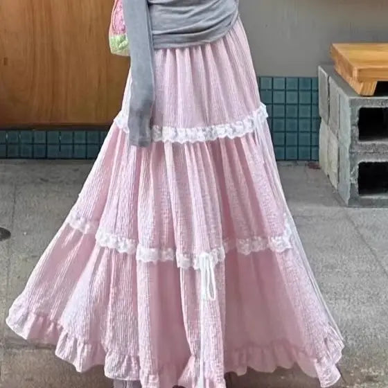 Wedbleser Fashion 2025 Sweet Ballet Style French Petite Outfit Slim Fit Gray Top Pink High Waisted Long Skirt Two-piece Set clothes