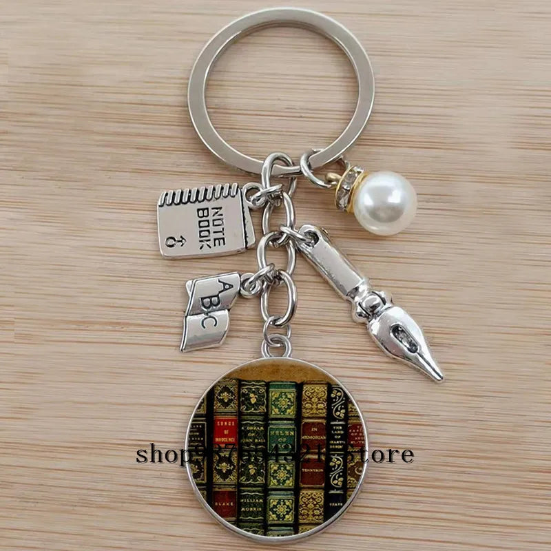 Classic Library Books Keychain Vintage Old Books Key Chain Librarians Key Ring Gift for Nerd Bookworm Writer Teacher