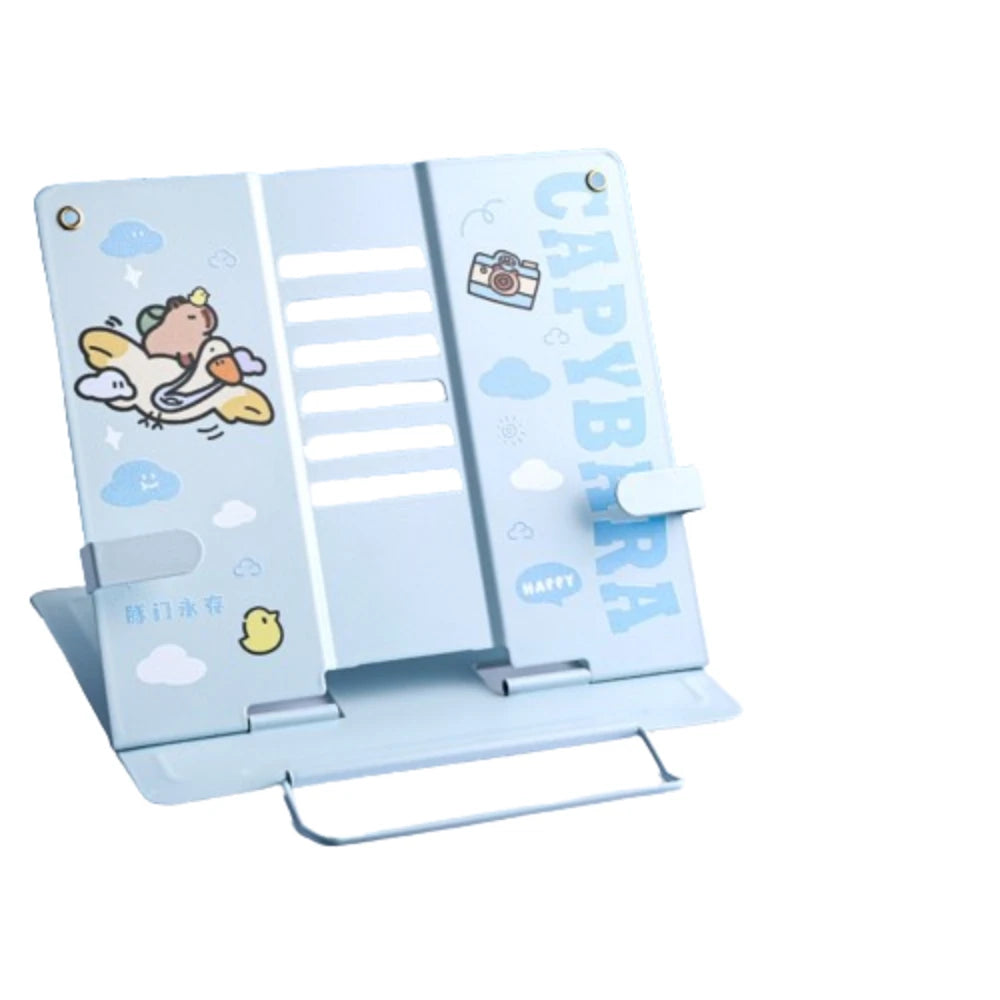 Foldable Metal Book Reading Stand Multi Heights Angles Cartoon Capybara Adjustable Documents Holder Page Paper Clips Cute