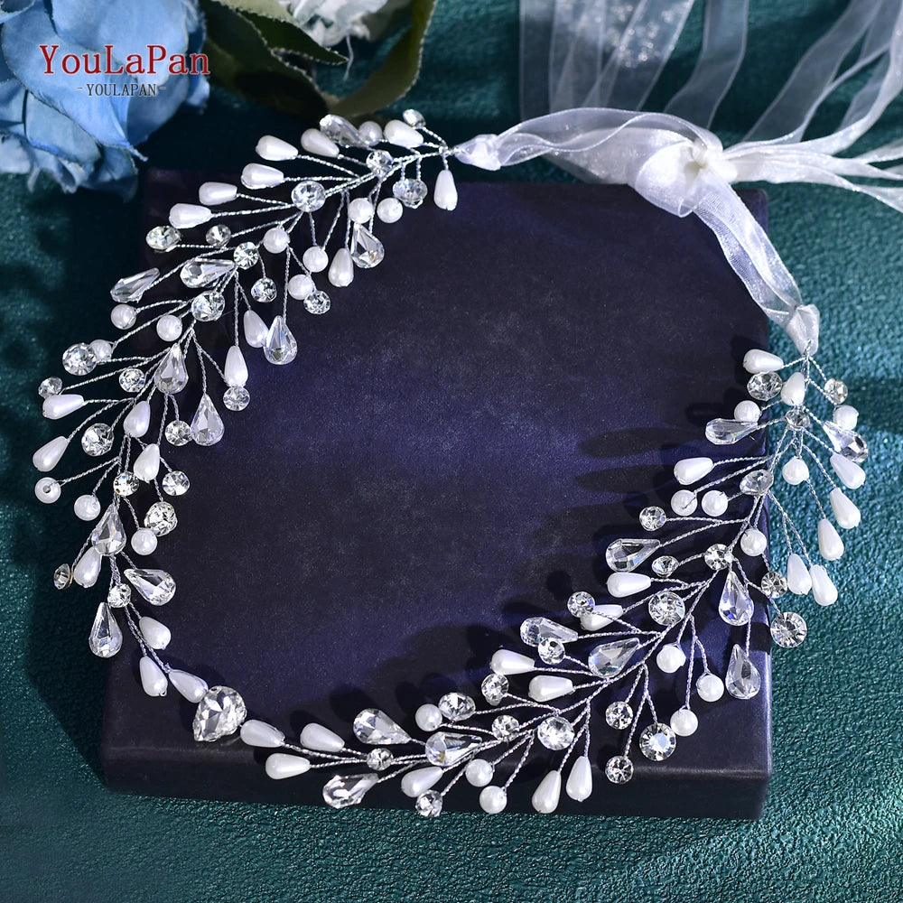 YouLaPan Rhinestone Wedding Forehead Headband Pearl Women Headdress Bridal Head Jewelry Tiara Bridesmaid Hair Accessories HP835