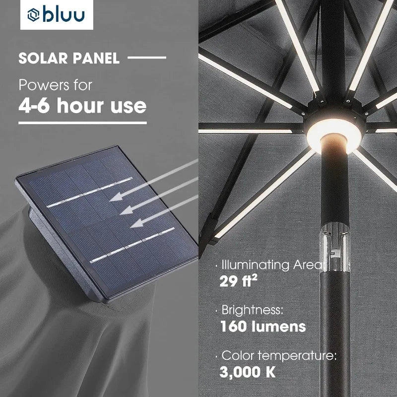 BLUU MAPLE 9 FT Solar-Terrassenschirm für den Außenbereich, LED-Tischschirme mit 16 LED-Lichtstreifen und Nabenlicht, Aluminiumrahmen 
