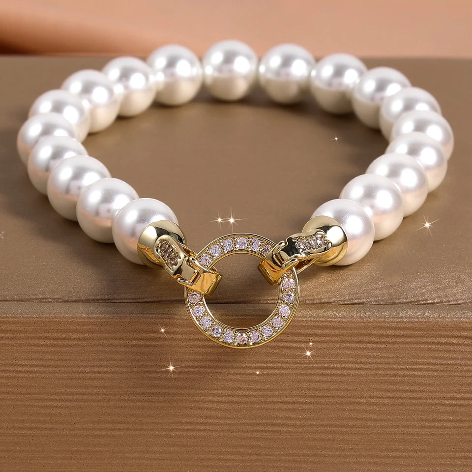 ZAKOL Elegant Zircon Round Buckle Imitation Pearl Beaded Necklace Barcelet For Women's Temperament Jewelry Set Sweet Accessories