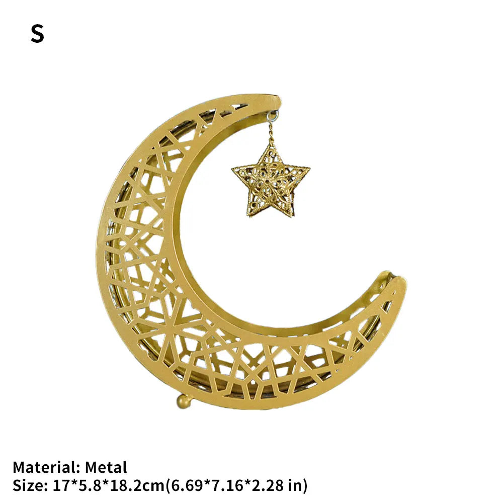 Golden Snack Tray Hollow Out Moon Star Shape Eid Mubarak Serving Platter Muslim Ramadan Nuts Plate