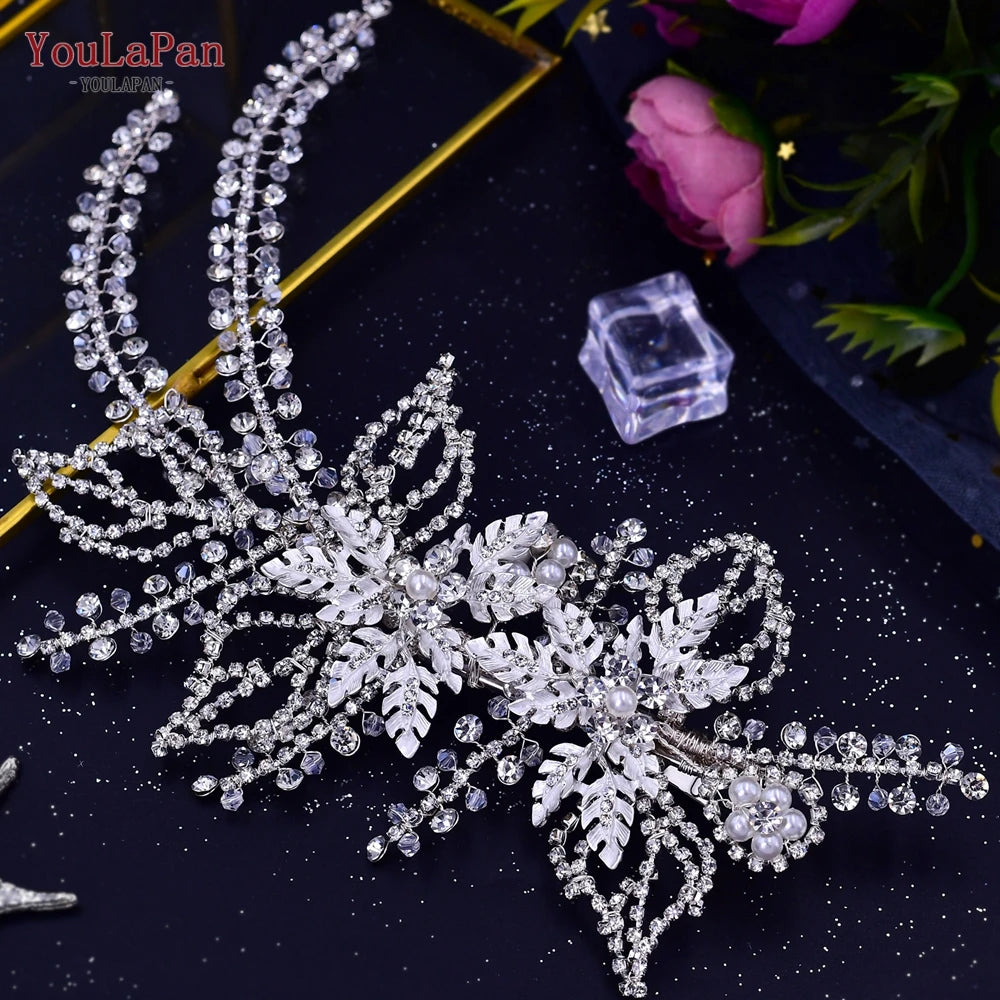 YouLaPan Crystal Bridal Headpiece Alloy Leaf Headband for Brides Wedding Hair Accessories Princess Tiara Pageant Headdress HP272