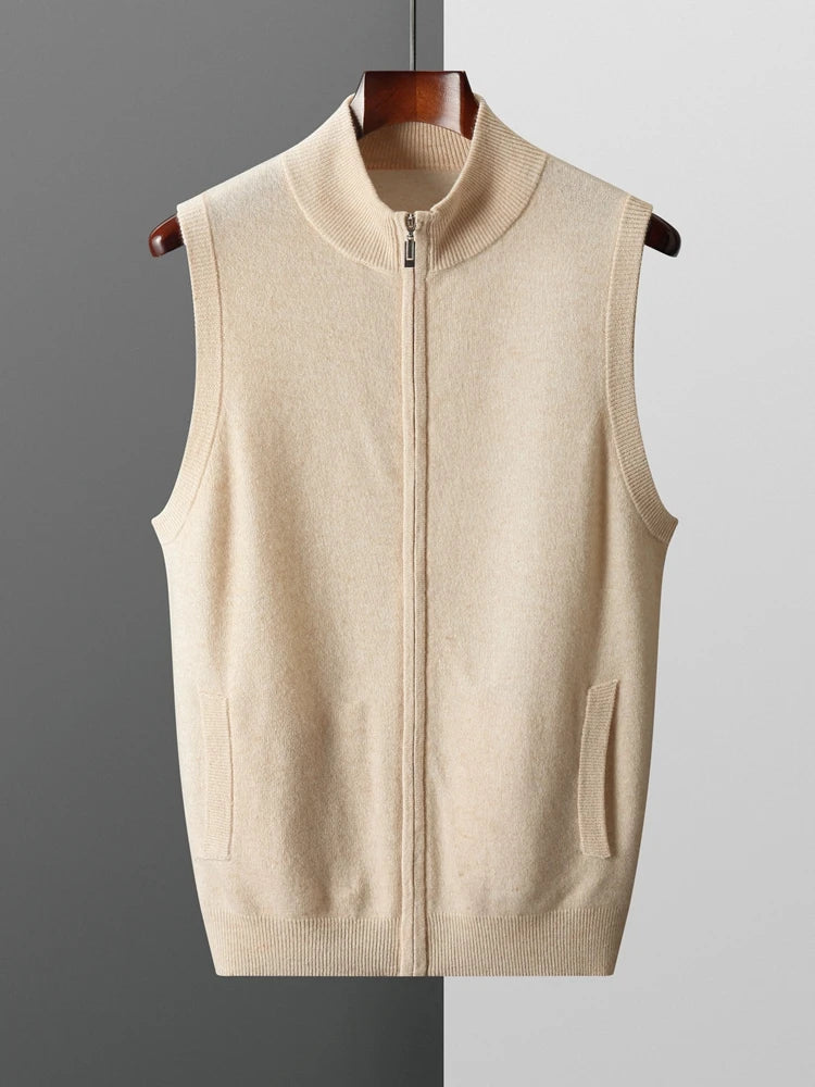 New Men's Zipper Wool Cardigan Waistcoat Autumn Winter Cashmere Sweater Sleeveless Knitwear 100% Merino Wool Vest Tops Clothing