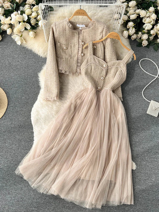 Damen Khaki Zweiteiler Vintage Luxus Kleid mit Langarm Jacke Mäntel Vintage Y2k Kleid Sets Outfits 2000er Kleidung 2024 