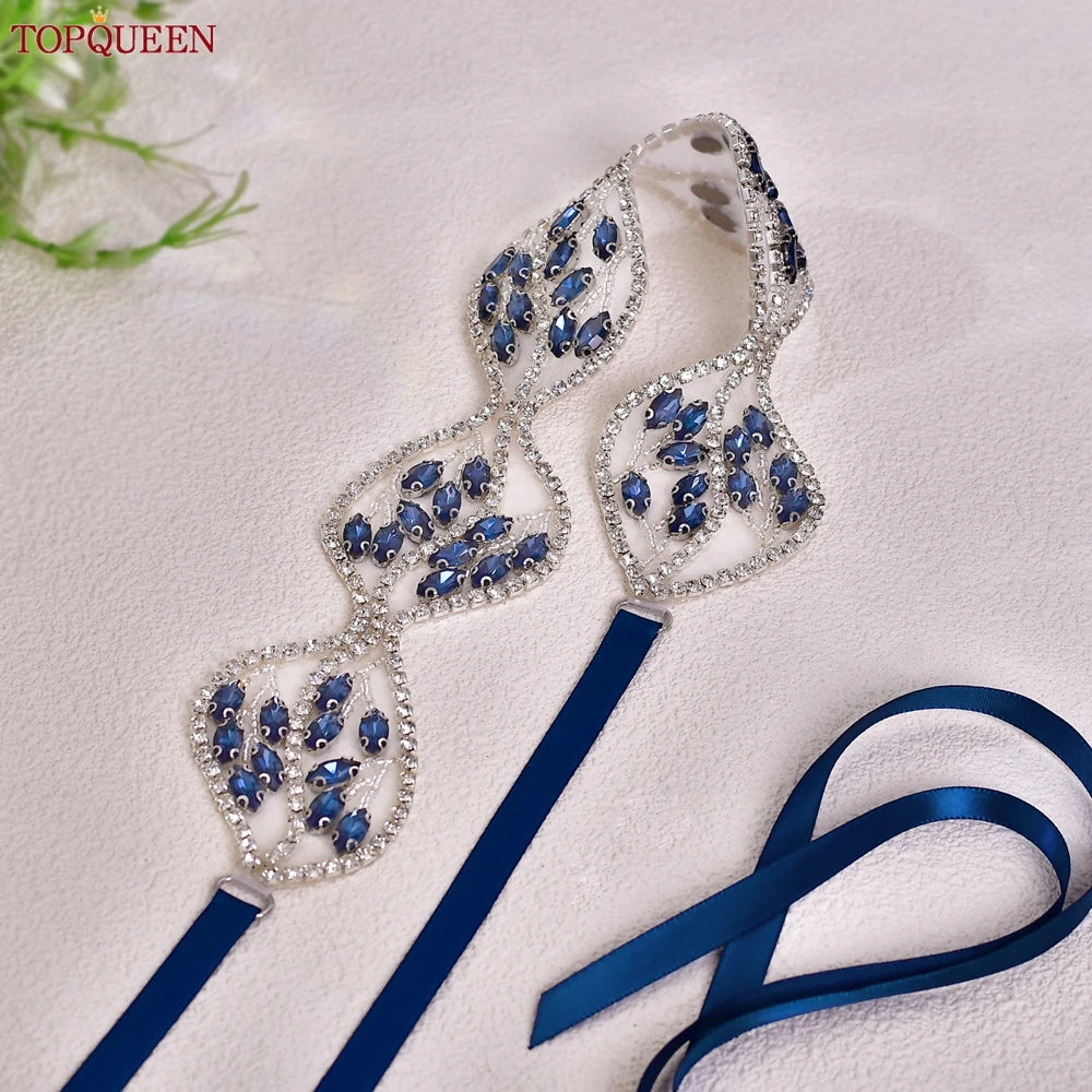 TOPQUEEN Fashion Navy Blue Rhinestone Belt Leaf Shape Wedding Bridal Belt Bridesmaid Dresses Waist Decoration