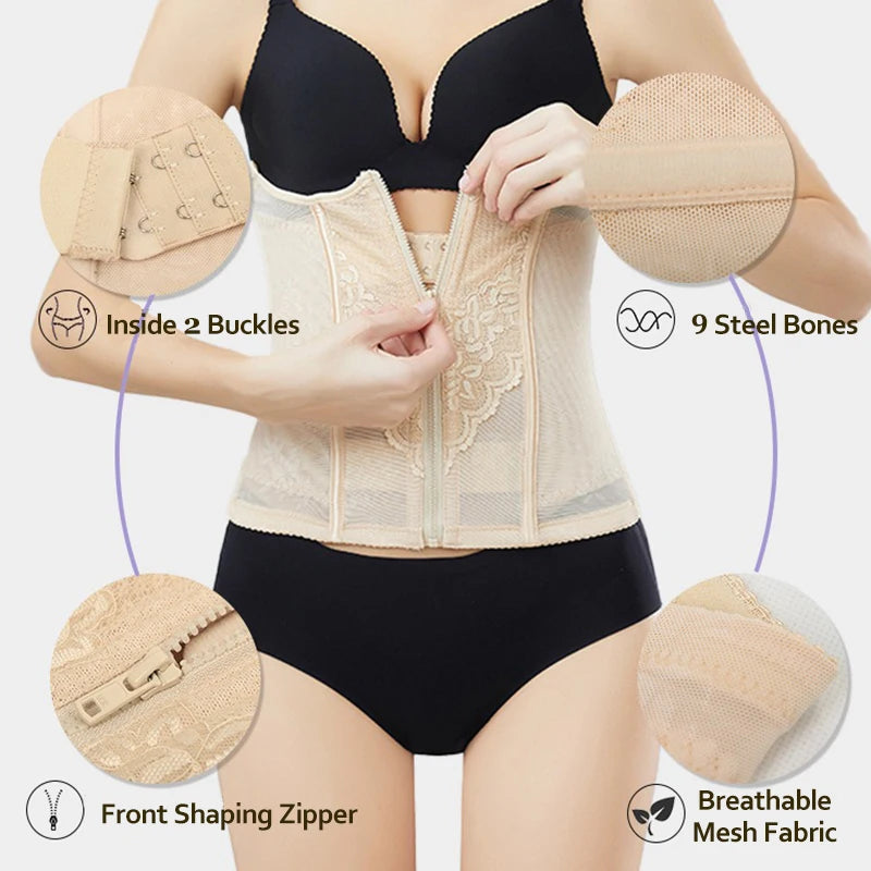 Dimmkof 9 Steel Bones Waist Trimmer Women's Tummy Control Double Buckle Shapewear Breathable Mesh Workout Hourglass Shape Girdle