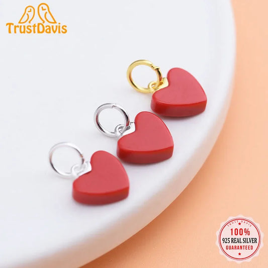 TrustDavis Fashion S925 Sterling Silver Sweet Romantic Red Heart Charms For Bracelet Or Necklace DIY Accessories Jewelry HY032