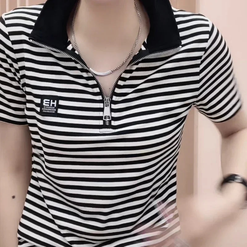 T-shirt Woman Short Sleeve Tee Clothing Green Polo Neck Shirts for Women Tops White Korean Style Polyester Luxury High Quality V clothes