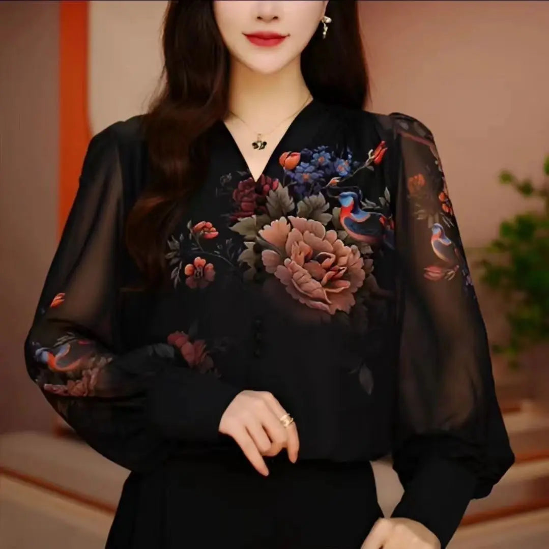 V-neck Vintage Printed Long Sleeve Shirt Female Elegant Fashion All-match Pullover Blouse Women oversized Blouse