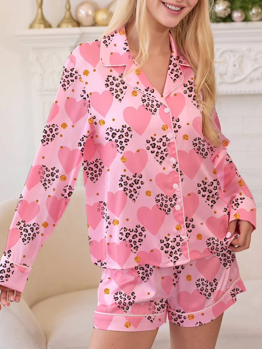 Women s Valentine s Day Lounge Set Long Sleeve Heart Print Shirt Shorts Sleepwear