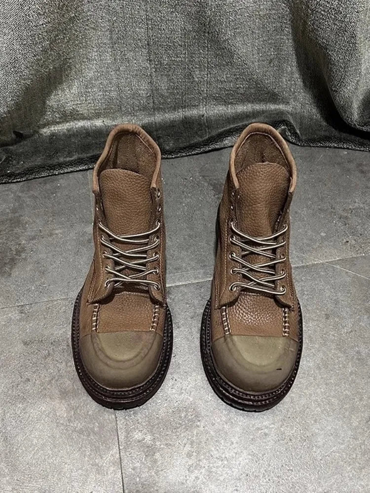 Vintage Mens Cow Genuine Leather Boots Lace Up Cargo High Top Shoes Spliced Personality High Street Mens Motorcycle Short Boots