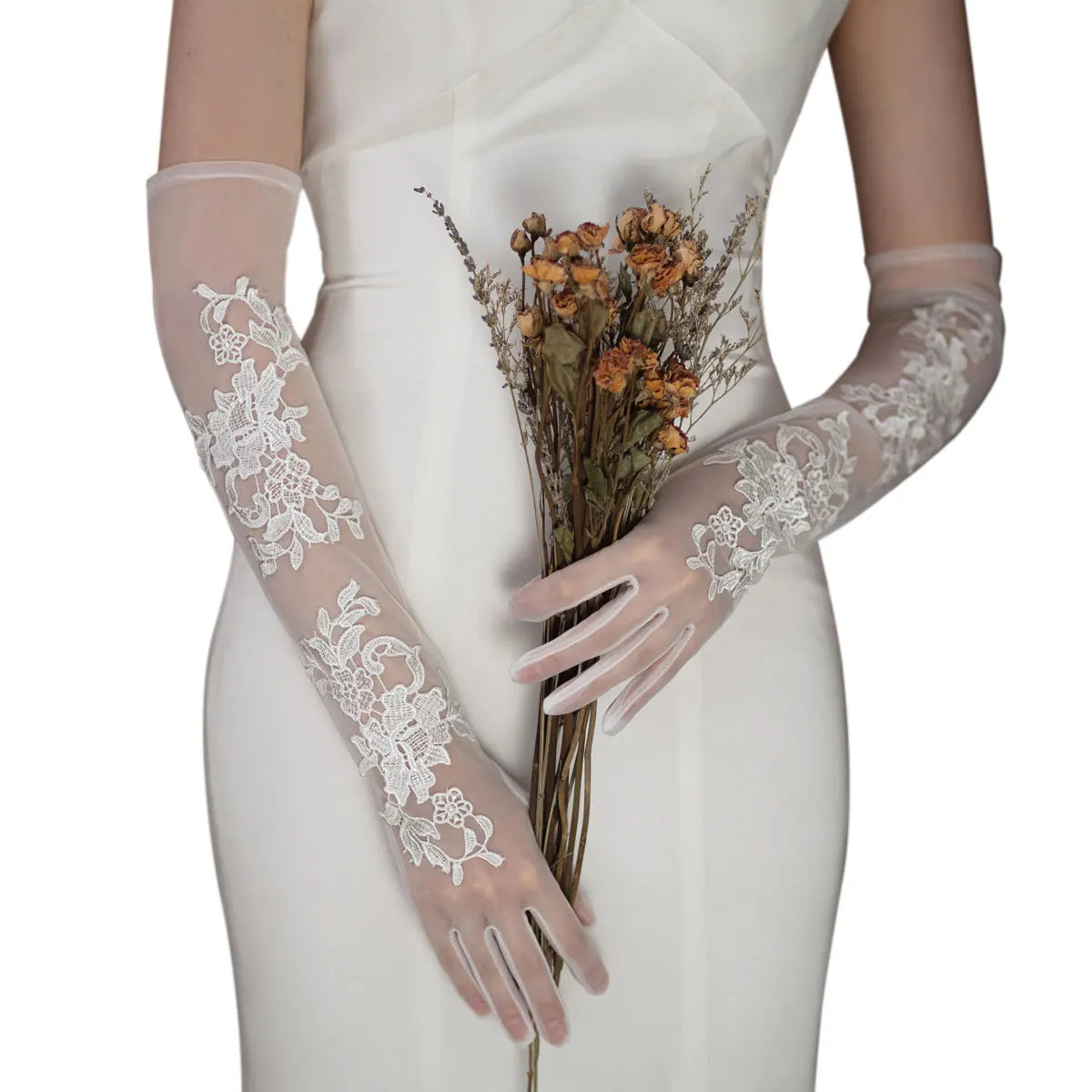 WG096 Elegant Wedding Bridal Gloves Long White Tulle Lace Appliqued Brides Bridesmaid Women Pageant Perform Prom Gloves