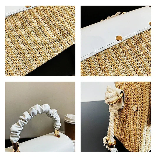 Straw Beach Bag for Women 2021 Summer Pleated Handle Luxury Designer  Contrast Color Crossbody Purse and Handbag Lady Bolsos