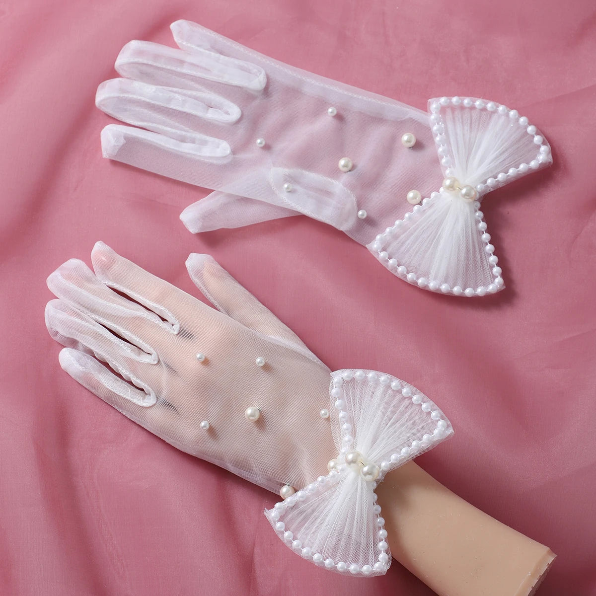 Party Gloves Full Of Elegant Style Ladies' White Beaded Dress Up Gloves With Bow Suitable For Wedding Ball