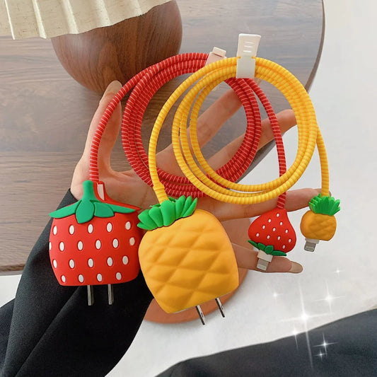 4pcs Strawberry Pineapple 3D Charger Protective Case For iPhone 18W 20W Fast Charge Protection Cover Cable Winder Accessories